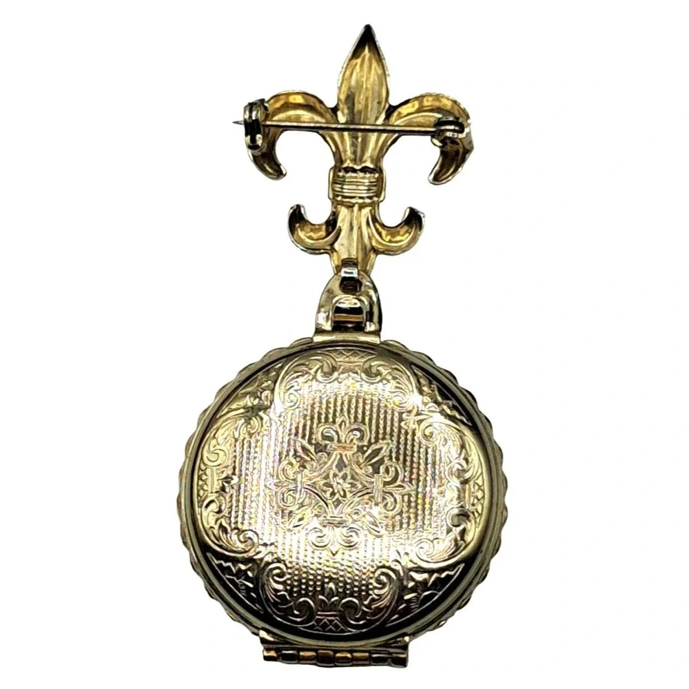 Vintage Coro Photo Locket Brooch Four Picture Frame Fleur de Lis Frame Gold Tone
